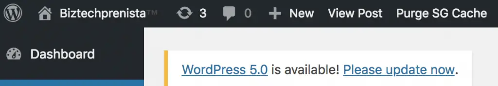 Please update to WordPress 5.0 notice