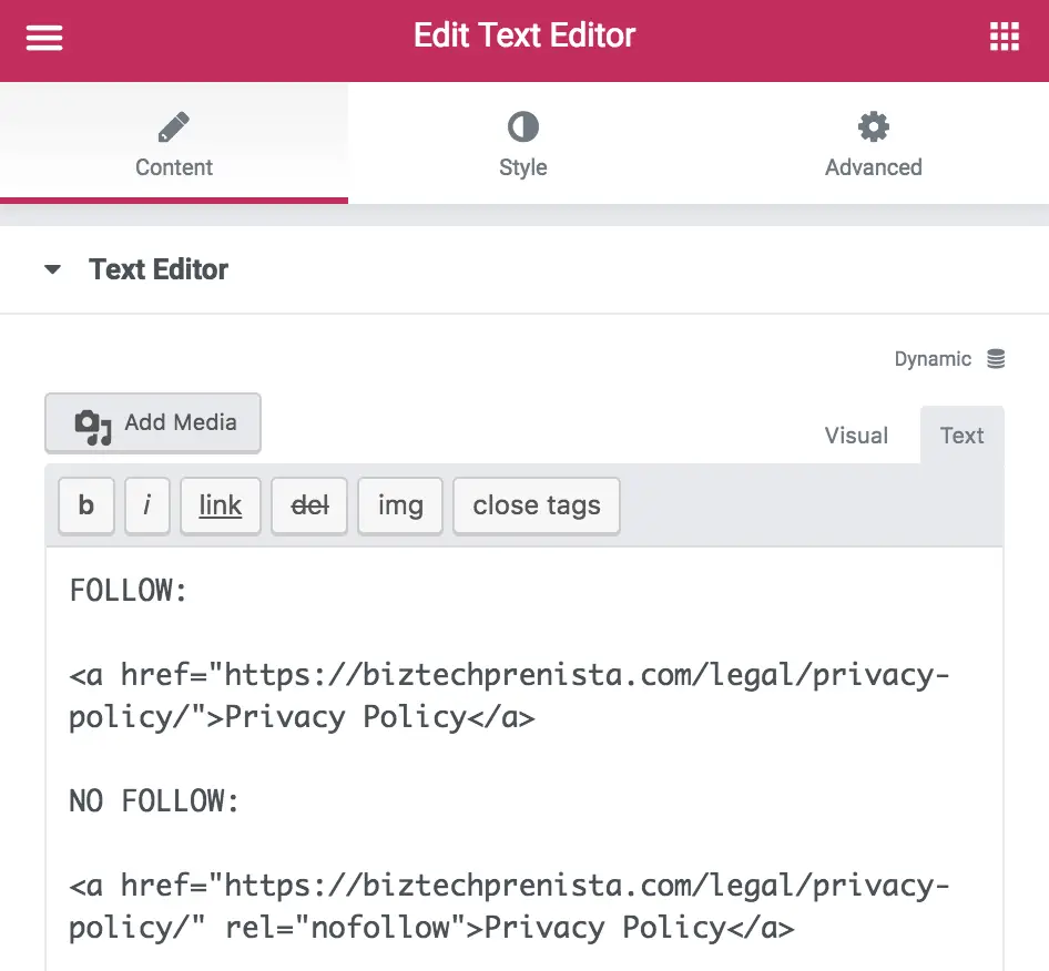 Creating NoFollow Text Links in Elementor Text Editor