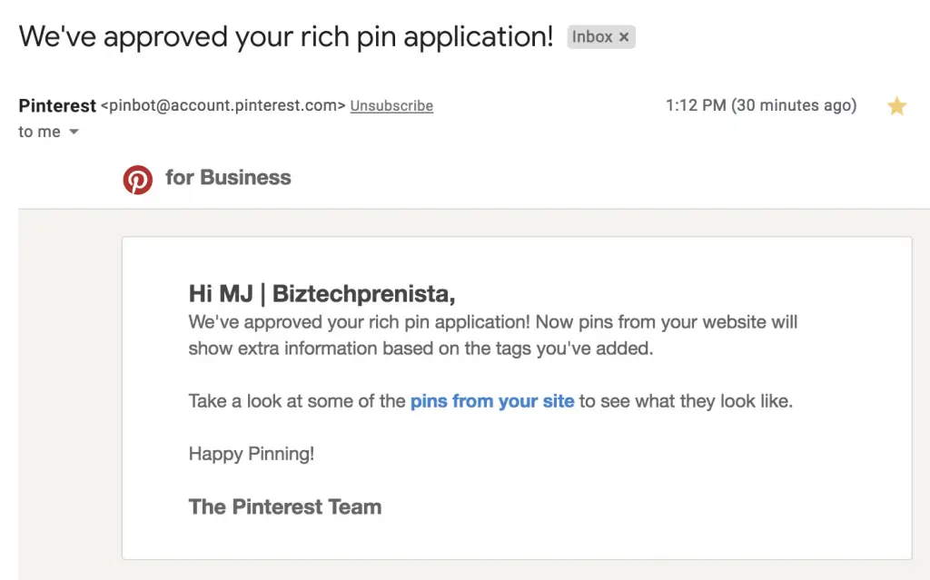 Rich Pins Approved Email