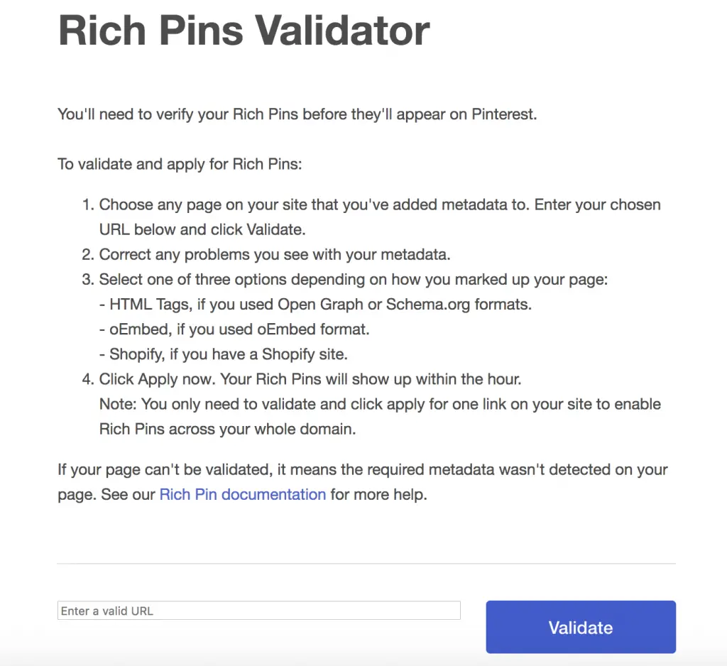 Rich Pins Validator Screen