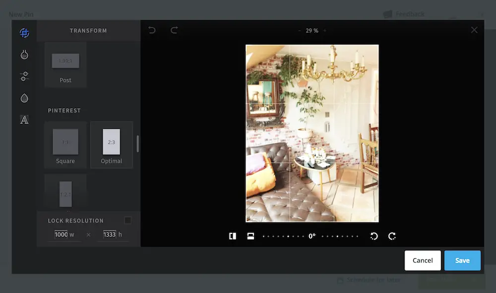 Hootsuite edit image screen - can crop, select a social media size, add text and more