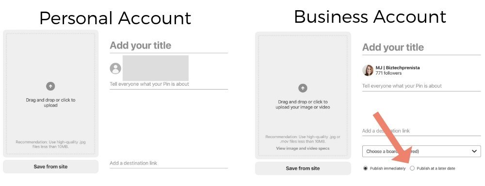 Publish at a Later Date Option Personal Pinterest Account vs Business Account Comparison