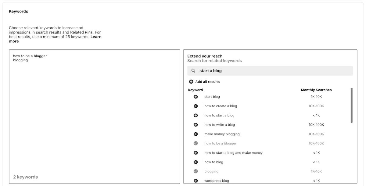 Searching for Pinterest Keyword Ideas in the Ads Dashboard