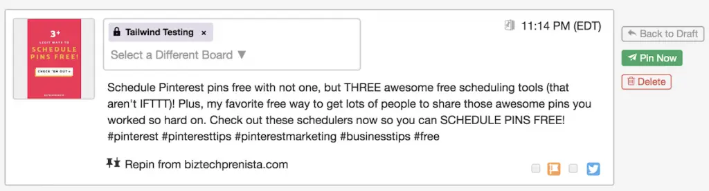 To manually pin from Tailwind, hover to the right of a pin in your Scheduled Pins and click Pin Now﻿