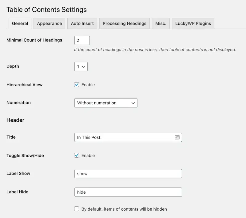 LuckyWP Table of Contents Plugin for WordPress - Set Default Display Options for All Posts