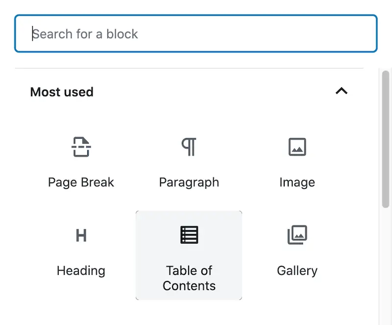 Insert LuckyWP Table of Contents for WordPress in any Post with a Gutenberg Block