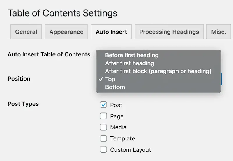 LuckyWP Table of Contents Plugin for WordPress - Default Auto Insert TOC Display Settings