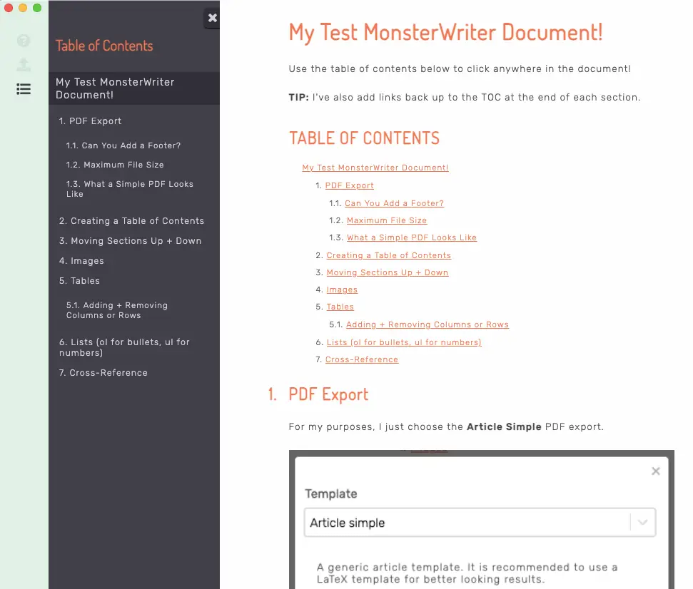 Example of What a MonsterWriter Document Looks Like in Editing Mode, with Table of Contents Enabled in the Sidebar