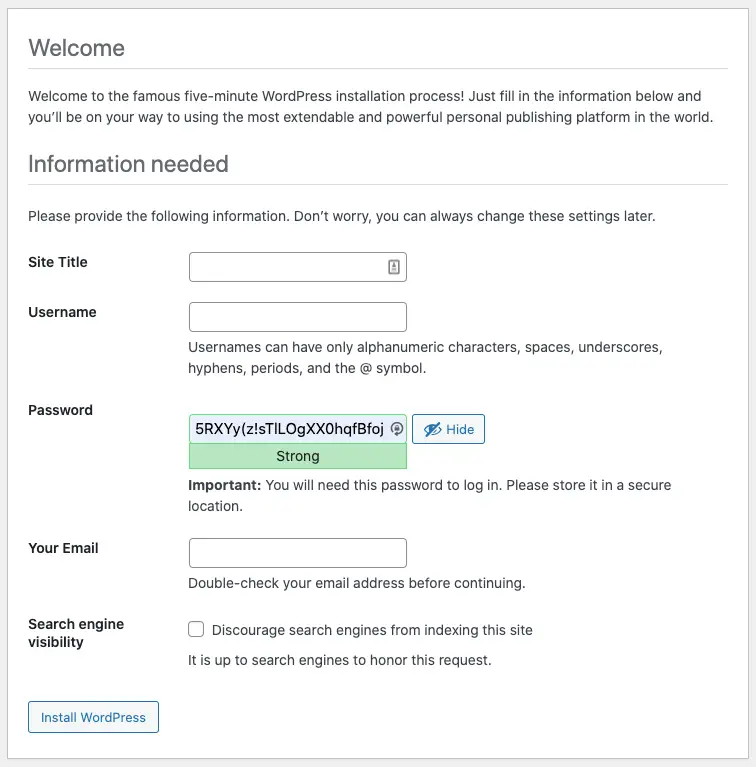 Set the Site Title, Username, Password, Email in Ezoic Hosting Staging Site