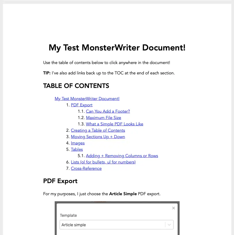 What a MonsterWriter Article Simple Exported PDF Looks Like